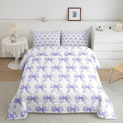 Feelyou Purple Bow Comforter Set Queen Size Cute Bowknot Bedding Set Boys Girls Kawaii Comforter for Kids Women Men Bow and Stripes Duvet Set 3Pcs