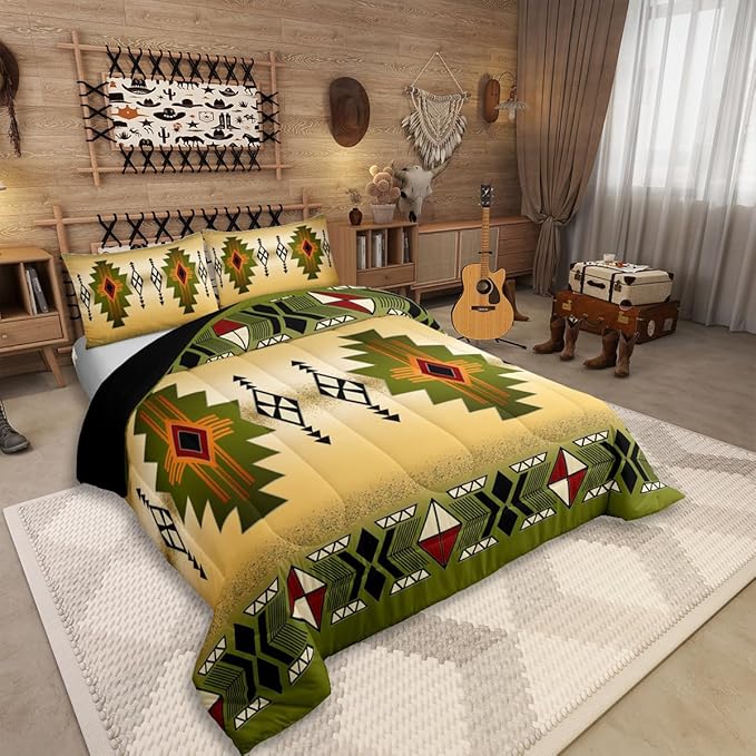 Erosebridal Boys Western Aztec Comforter Set Queen Size, Native Tribal Ethnic Bedding Set Farmhouse Boho Geometric Quilt Southwestern Ethnic American Native Duvet Insert for Adult Men,Yellow Green
