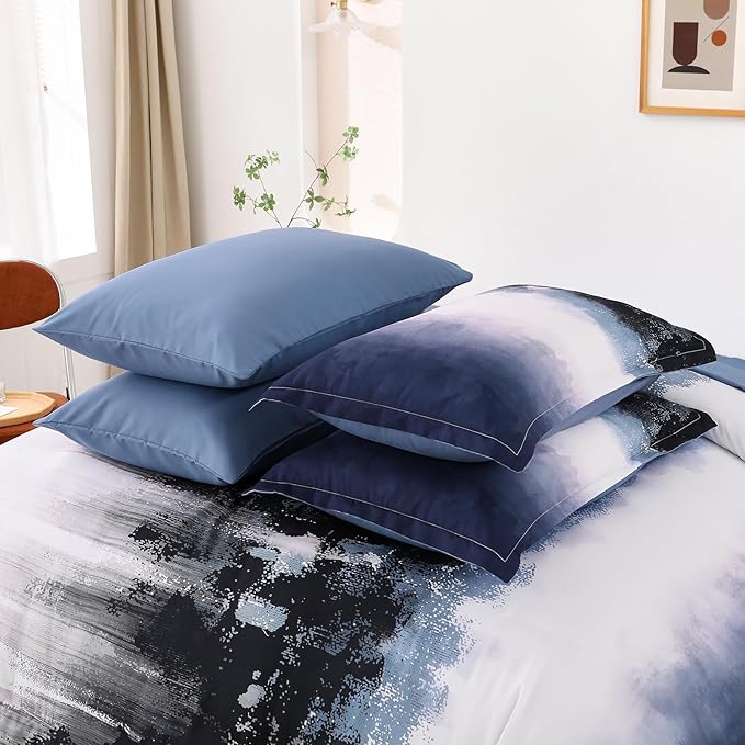 Dinjoy Ombre Blue Comforter Set King Size Gradient Navy Blue Black Boho Bedding Set for Teen Men Women 7 Pieces Bed in A Bag Bohemian Bed Set with Comforter, Sheets, Pillowcases & Shams