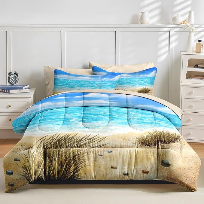 Nesker 7 Pcs Comforter Set Queen Size, Coastal Beach Seascape Scenery Bedding Set for Kids and Adults, Blue Ocean Seaside Seaweed Summer Sheets Bed Sheet Sets with Fitted Sheet 2 Pillowcases & 2 Shams