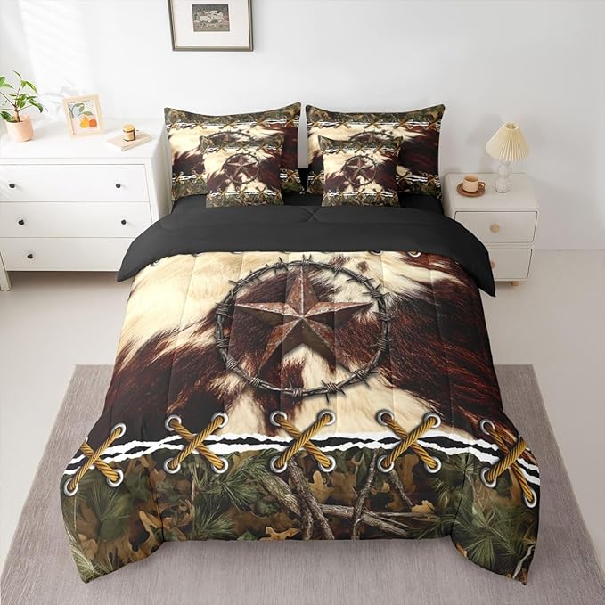 Rustic Bed in a Bag Queen Comforter Set 7-Piece,Cowhide Western Texas Star Bedding Sets Mens Tree Leaves Hunting Comforter and Sheet Set, Woodland Animals Farmhouse Room Decor,Camo Cabin Country Decor
