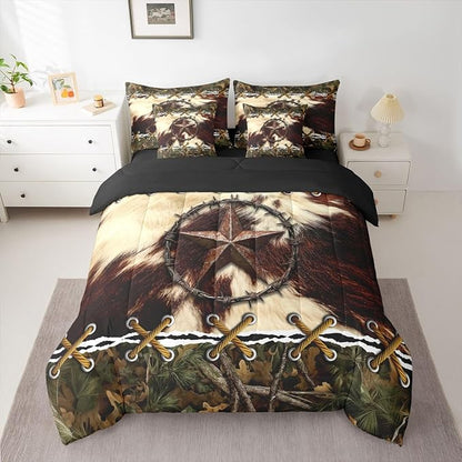 Rustic Bed in a Bag King Size Comforter Set 7-Piece,Cowhide Western Texas Star Bedding Sets Tree Leaves Hunting Comforter and Sheet Set, Woodland Animals Farmhouse Room Decor,Camo Cabin Country Decor
