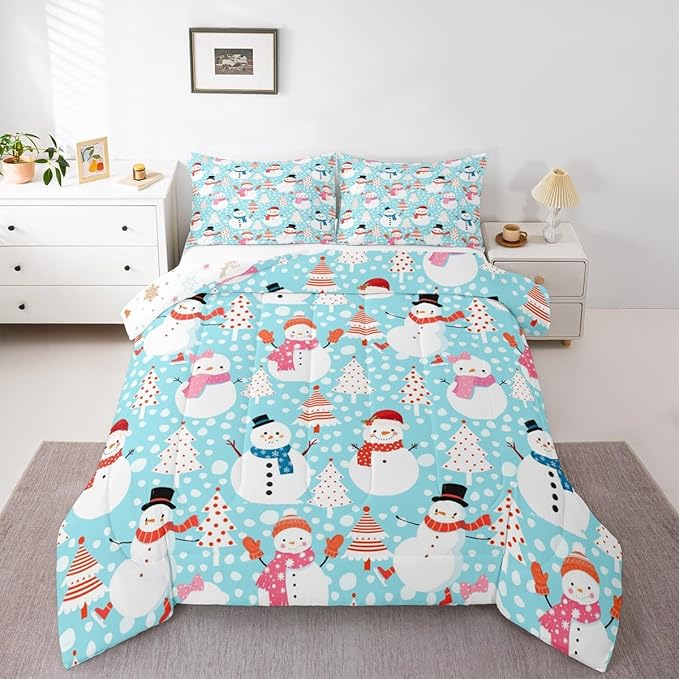 Cute Snowman Comforter Set King Size Cartoon Christmas Tree Bedding Set 3Pcs Red White Dots Print Theme Quilt Set for Kids Girls Boys Room Decor Watercolor Blue Duvet Insert,2 Pillowcases