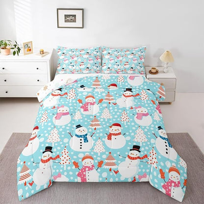 Cute Snowman Comforter Set King Size Cartoon Christmas Tree Bedding Set 3Pcs Red White Dots Print Theme Quilt Set for Kids Girls Boys Room Decor Watercolor Blue Duvet Insert,2 Pillowcases