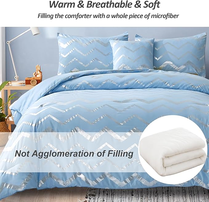 Menghomeus Blue/Silver Comforter Set Twin/Twin XL Size Metallic Print Glitter Bed Comforter Cute Shinny Bedding Sets for Teen Girls Kids, 3 Piece (1 Pillowcase, 1 Decorative Pillow Sham)