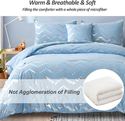 Menghomeus Blue/Silver Comforter Set Twin/Twin XL Size Metallic Print Glitter Bed Comforter Cute Shinny Bedding Sets for Teen Girls Kids, 3 Piece (1 Pillowcase, 1 Decorative Pillow Sham)