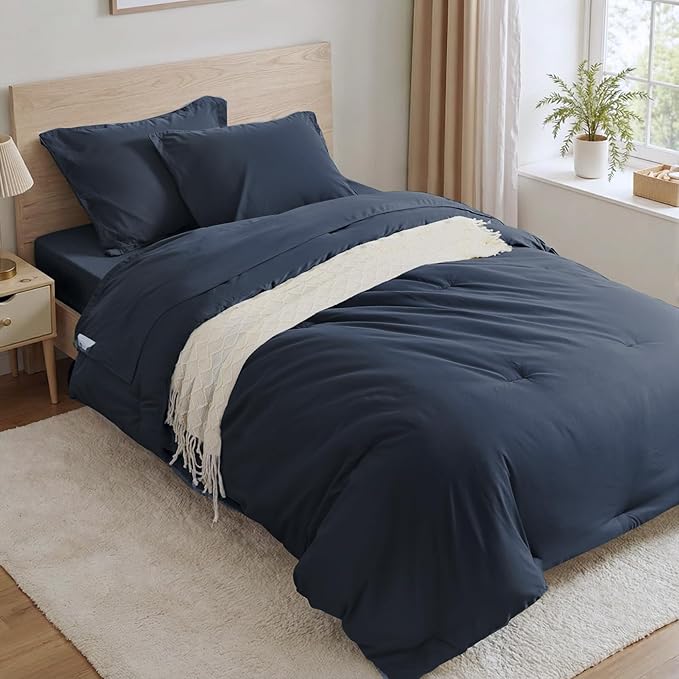 Anluoer Navy Blue Twin Comforter Set 5 Pieces, Bed in a Bag with Sheets, All Season Bedding Sets with 1 Comforter, 1 Pillow Sham, 1 Pillowcase, 1 Flat Sheet, 1 Fitted Sheet