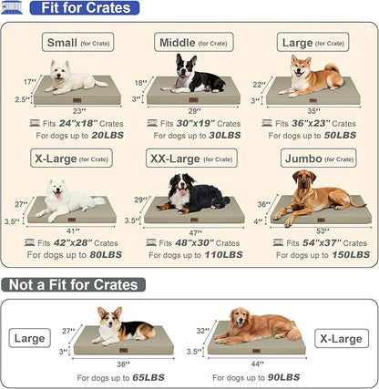 Outdoor Dog Bed for Small Dogs & Cats, Waterproof Dog Crate Mat Orthopedic Egg Crate Foam with Washable Removable Oxford Cover, Khaki