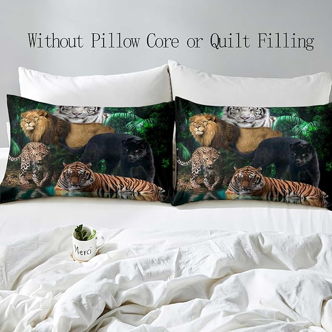 LUVIVIHOME 2PCS Leopard Cheetah Black Panther White Tiger Lion Duvet Cover, Twin Bedding Sets, Men Kids Teen Boys Bedding, Tropical Jungle Safari Animals Comforter Bedspread Quilt Cover, 1 Pillow Sham
