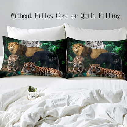 LUVIVIHOME 3PCS Leopard Cheetah Black Panther White Tiger Lion Duvet Cover King Bedding Set, Men Kids Teen Boys Bedding, Tropical Jungle Safari Animals Comforter Bedspread Quilt Cover, 2 Pillow Shams