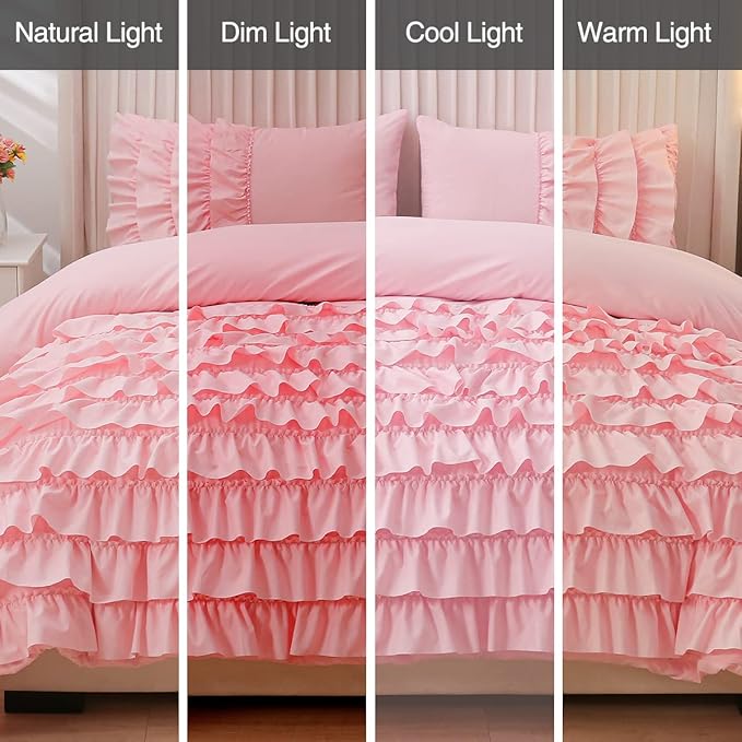 Holawakaka Pink Waterfall Ruffle Comforter Set Full Size Multi-Layers Ruffled Shabby Chic 3PCS Bedding Set for Girls Women