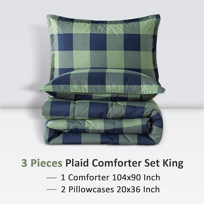Andency Green Plaid Comforter King(104x90Inch), 3 Pieces (1 Comforter, 2 Pillowcases) Buffalo Checkered Gingham Bed Set, Soft Geometric Bedding for Boys