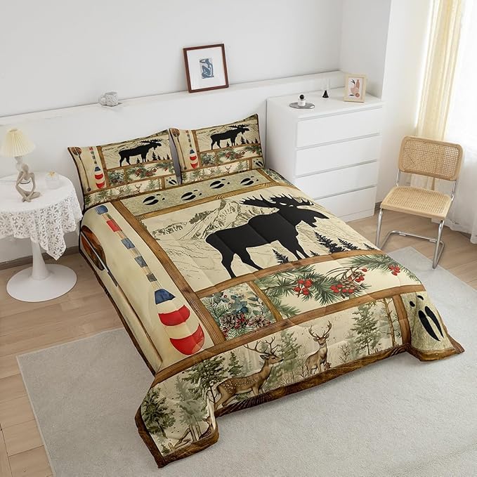 Retro Cabin Lodge Decor Comforter Set King, Rustic Farmhouse Moose Bedding Comforter Sets, Lake House Decor Paddle Bedding, Woodland Pine Tree Down Comforter, Buffalo Plaid Quilt with 2 Pillowcases