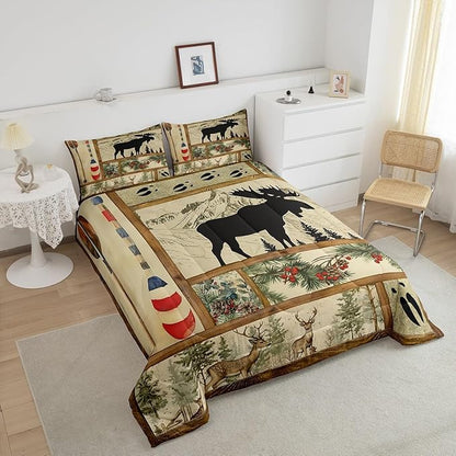 Retro Cabin Lodge Decor Comforter Set Full, Rustic Farmhouse Moose Bedding Comforter Sets, Lake House Decor Paddle Bedding, Woodland Pine Tree Down Comforter, Buffalo Plaid Quilt with 2 Pillowcases
