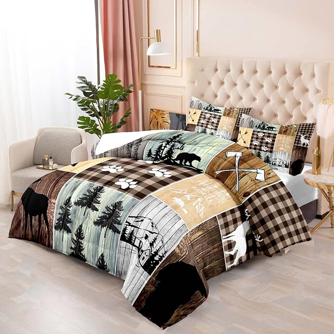 LUVIVIHOME 2PCS Farmhouse Cabin Comforter Set, Twin Bed Set, Black Bear Deer Elk Moose Woodland Forest Animals Wildlife Hunting Brown Plaid Patchwork Lodge Country Rustic Bedding Quilt, 1 Pillow Sham