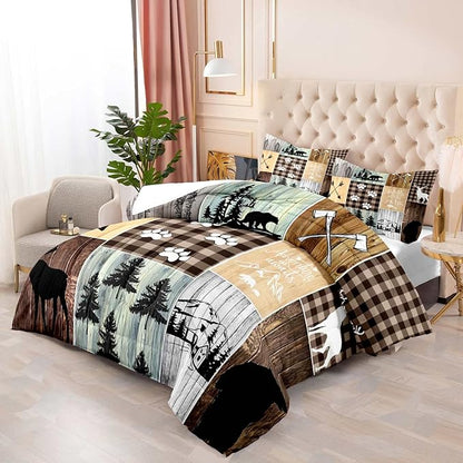 LUVIVIHOME 2PCS Farmhouse Cabin Comforter Set, Twin Bed Set, Black Bear Deer Elk Moose Woodland Forest Animals Wildlife Hunting Brown Plaid Patchwork Lodge Country Rustic Bedding Quilt, 1 Pillow Sham
