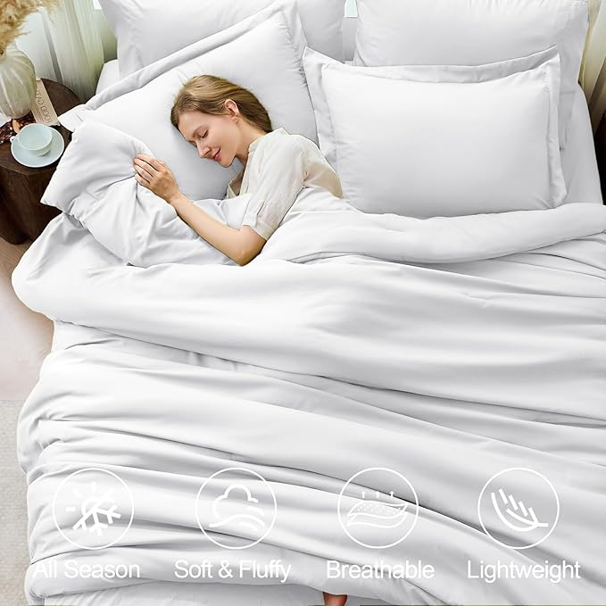 FUANNA King Size Comforter Sets White, 7 Pieces Soft Bedding Set, All Season Lightweight Bed in a Bag with Comforter, Flat Sheet, Fitted Sheet, Pillowcases & Shams