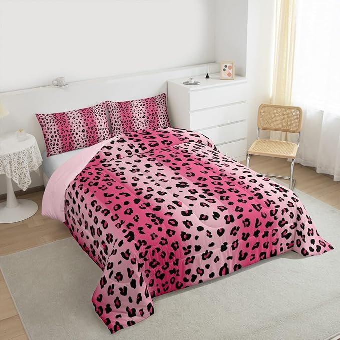 Erosebridal Pink Leopard Comforter King Size for Kids Teens Adults,African Cheetah Print Bedding Set,Farmhouse Rustic Duvet Insert,Pink Gradient Quilt Bedroom Decor