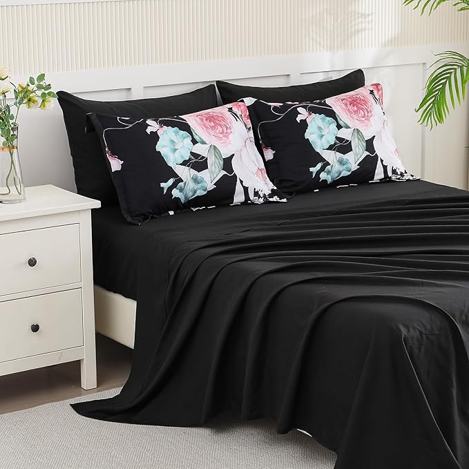 Yogeneg King Size Comforter Set 7 Piece Bed in a Bag,Pink Floral Botanical Pattern Black Bedding Set,Soft Microfiber Comforter with Sheet Set,All Season Bed Set(Pink,King)