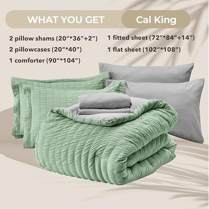 HYMOKEGE Sage Green/Light Grey California King Comforter Set Seersucker 7 Pieces, All Season Luxury Bed in a Bag for Bedroom, Bedding Set with Comforter, Sheets, Pillowcases & Shams