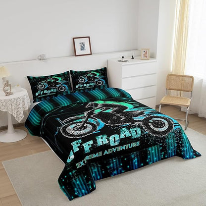 Feelyou Dirt Bike Comforter Set King Size Extreme Sports Comforter Racing Motocross Rider Bedding Set Motorcycle Duvet Set Room Decor Blue Green Quilt Set
