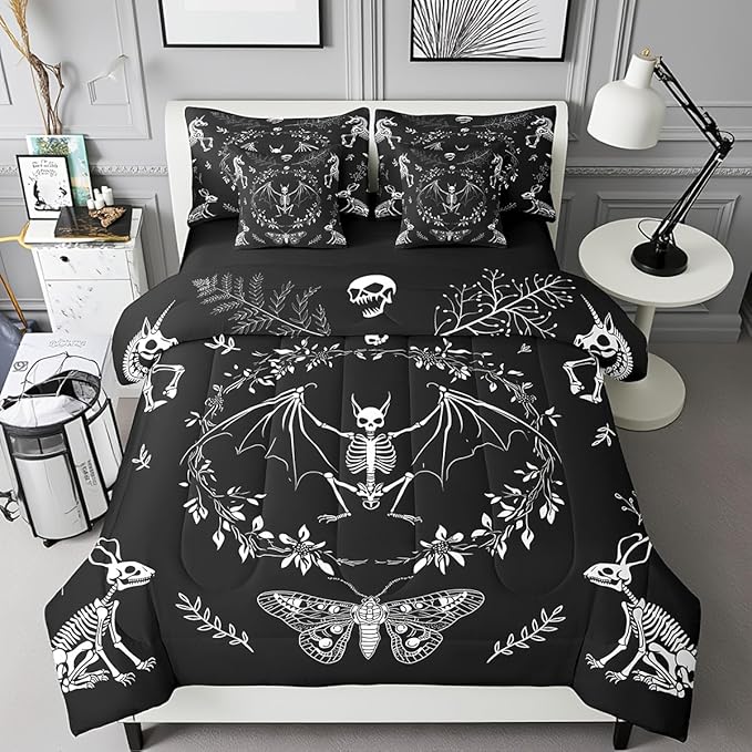 Castle Fairy Moth Animal Bedding Set 7 Pieces King,Gothic Skull Boho Flower Comforter Sets for Girl Boy Bedroom,Bohemian Exotic Skeleton 7pcs Bed in a Bag with Comforter,Sheets and Pillow Cases