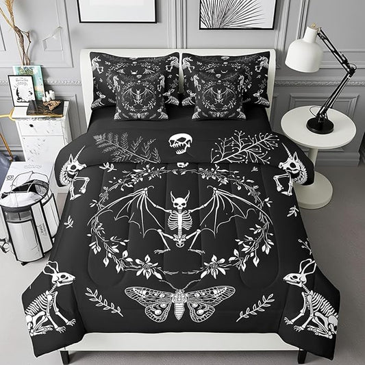 Castle Fairy Moth Animal Bedding Set 7 Pieces King,Gothic Skull Boho Flower Comforter Sets for Girl Boy Bedroom,Bohemian Exotic Skeleton 7pcs Bed in a Bag with Comforter,Sheets and Pillow Cases
