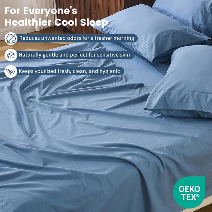100% Linen Sheet Set King Size Extra Deep Pocket Fits 18-24 Inch Mattress, Breathable & Soft, Smooth 6-Piece Set for Thick Mattresses Hotel Luxury Bedding（King, Dusty Blue）