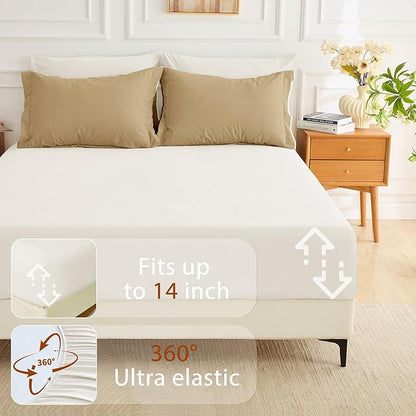 MUXHOMO 7 Pieces Full Comforter Set, Soft Bed in a Bag Full Size, All Season Bedding Set with Comforter, Flat Sheet, Fitted Sheet, Pillowcases & Shams, Ivory & Khaki