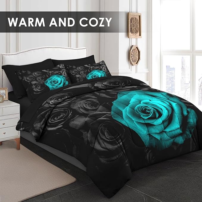 Comforter Set King Size, Cyan Rose Flower 7 Pcs Bedding for Kids and Adults, Summer Vintage Floral Bed Sheet Sets with Fitted Sheet 2 Pillowcases & 2 Shams for Bedroom Bed Decor