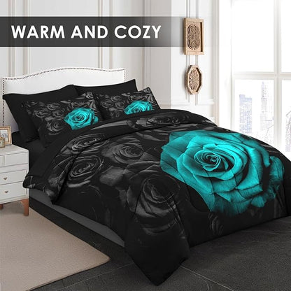 Comforter Set King Size, Cyan Rose Flower 7 Pcs Bedding for Kids and Adults, Summer Vintage Floral Bed Sheet Sets with Fitted Sheet 2 Pillowcases & 2 Shams for Bedroom Bed Decor