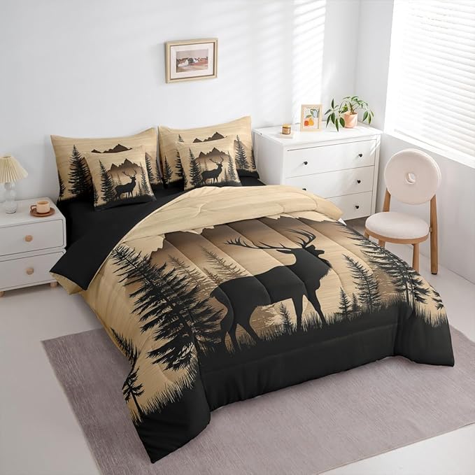 Erosebridal Woodland Cute Deer Bed in A Bag (King Size,7 Pieces) | Deer Hunting Comforter Set with Sheets Rustic Cabin Lodge Bedding Set for Kids Boys Girls Western Animal Silhouette Duvet Insert