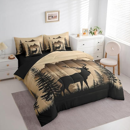 Erosebridal Woodland Cute Deer Bed in A Bag (King Size,7 Pieces) | Deer Hunting Comforter Set with Sheets Rustic Cabin Lodge Bedding Set for Kids Boys Girls Western Animal Silhouette Duvet Insert