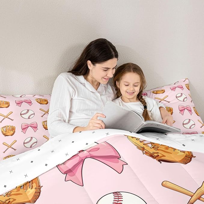 Castle Fairy Bow Baseball Down Comforter Queen Size,Baseball Bat Gloves Bedding Sets 3Pcs for Kids Girls Boys Women Room Decor,Girl Sports Games Quilted Duvet Kawaii Pink Bedspread,2 Pillowcases