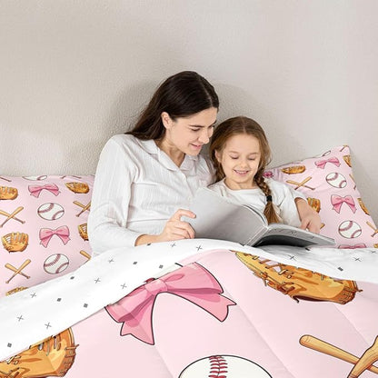 Castle Fairy Bow Baseball Bedding Sets Full Size,Baseball Bat Gloves Comforter Set 3Pcs for Kids Girls Boys Women Room Decor,Girl Sports Games Quilted Duvet Kawaii Pink Down Comforter,2 Pillowcases