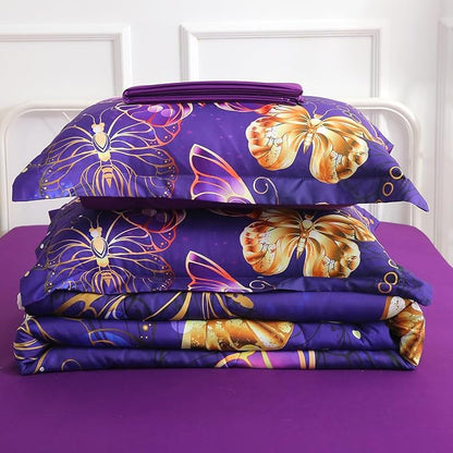 7 Piece Butterflies Comforter Set Twin Size 3D Gold Violet Butterflies Bedding Set for Kids Girls Women for Birthday Christmas Gift