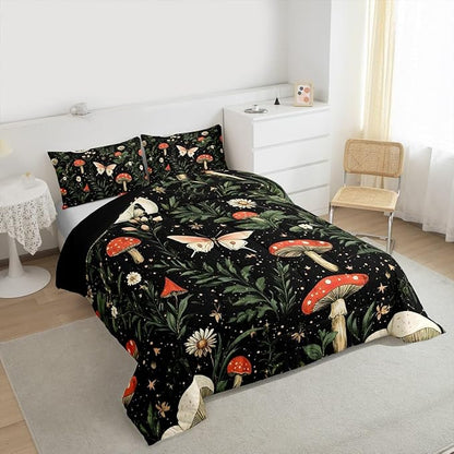 Erosebridal Red Mushroom Bedding Set King for Kids, Gothic Moth Comforter Set Butterfly Vintage Plants Boho Floral Comforter for Boys Girls Teens Women Men, Moon and Starry Star Black Quilt