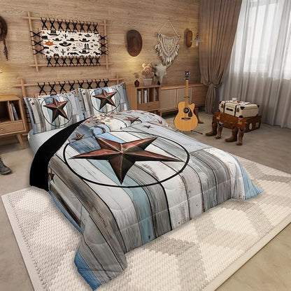 Erosebridal Western Texas Star Comforter Set, Rustic Farmhouse Bedding Set Toddler Size, Retro Cowboy Quilt for Kids Teens Adult Men Bedroom, Country Wooden Door Duvet Insert Western Home Decor