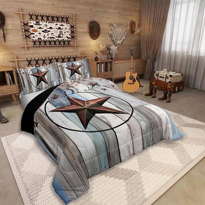 Erosebridal Western Texas Star Comforter Set, Rustic Farmhouse Bedding Set King Size, Retro Cowboy Quilt for Kids Teens Adult Men Bedroom, Country Wooden Door Duvet Insert Western Home Decor