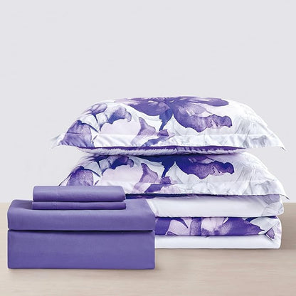 Sunshine Nicole Soft Brushed Microfiber Comforter Set, 7 Pieces Queen, with Light Weight Soft Poly Fill, Printed Dark Purple Big Florals Face with Print Reverse