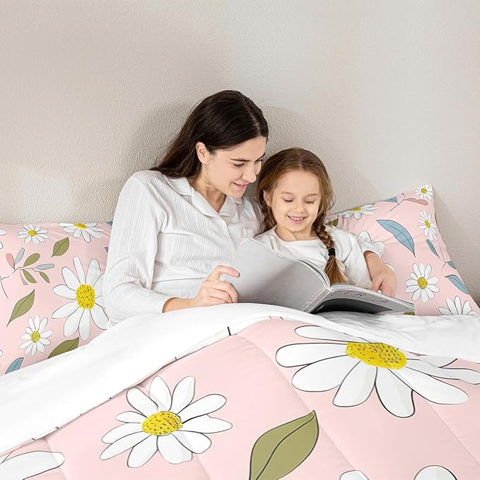 Manfei White Daisy Comforter Set King Size, Flower Leaves Bedding Set 3pcs for Kids Boys Girls Bedroom Decor, Botanical Floral Print Quilt Set Soft Polyester Duvet Set with 2 Pillowcases