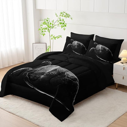 Black Sea Turtle Comforter Set,Sea Turtle Bedding Set 7 Piece in A Bag,Beach Themed Bedroom Comforter Set King Size for Kids Teen Girls Boys Room Decor Microfiber Lightweight All Season