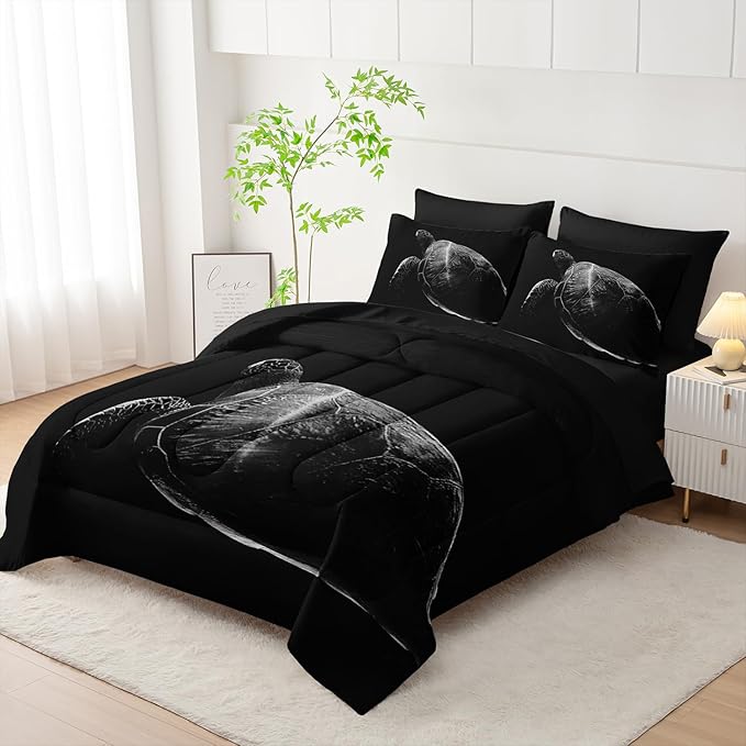 Black Sea Turtle Comforter Set,Sea Turtle Bedding Set 7 Piece in A Bag,Beach Themed Bedroom Comforter Set Queen Size for Kids Teen Girls Boys Room Decor Microfiber Lightweight All Season