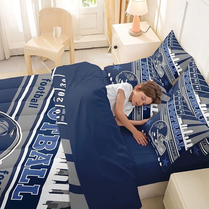 Feelyou Football 7 Pieces Comforter Sets Full Size Kids Rugby Sports Bedding Set for All Season Football City Bed in a Bag with Comforter, Sheets, Pillowcases & Cushion Cover
