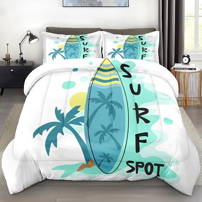 Comforter Set Queen Size, Surfboard Sea Summer 3 Pcs Soft Bedding Set for Kids and Adults, Palm Tree Beach Sun Comforter Set with 2 Pillowcases, for Bedroom Bed Decor