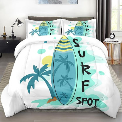 Comforter Set Full Size, Surfboard Sea Summer 3 Pcs Soft Bedding Set for Kids and Adults, Palm Tree Beach Sun Comforter Set with 2 Pillowcases, for Bedroom Bed Decor