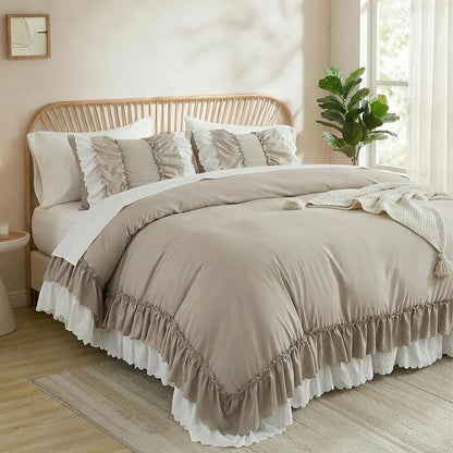 Herside Taupe Ruffle Comforter Set Queen Size,Shabby Chic Boho Bedding Sets, Soft Fluffy Comforters Sets for All Season,Vintage Ruffled 3 Pcs Microfiber Lightweight Quilt Set for Women Girls