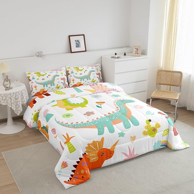 jejeloiu Kids Cartoon Dinosaur Bedding Set King Size Cute Dinosaur Comforter Set for Boys Girls Teens Cute Flower Duvet Set Animal Quilt Set 3Pcs