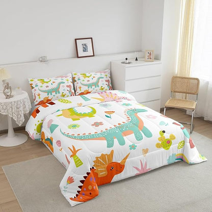 jejeloiu Kids Cartoon Dinosaur Bedding Set King Size Cute Dinosaur Comforter Set for Boys Girls Teens Cute Flower Duvet Set Animal Quilt Set 3Pcs
