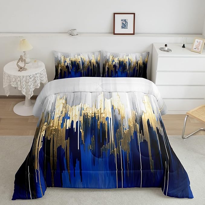 Erosebridal Abstract Art Comforter Set Queen Navy Gold Grey Bedding Set, Stripe Down Comforter Golden Metallic Sequins Bed Set, Dark Blue Tie Dye Quilted Duvet Luxurious Modern Bedroom Decor